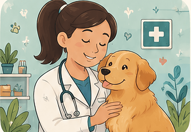 A Paw & Haven veterinarian gently holding a golden retriever in the clinic