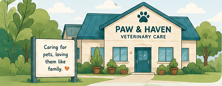 The Paw & Haven Veterinary Care clinic building, surrounded by trees and potted plants