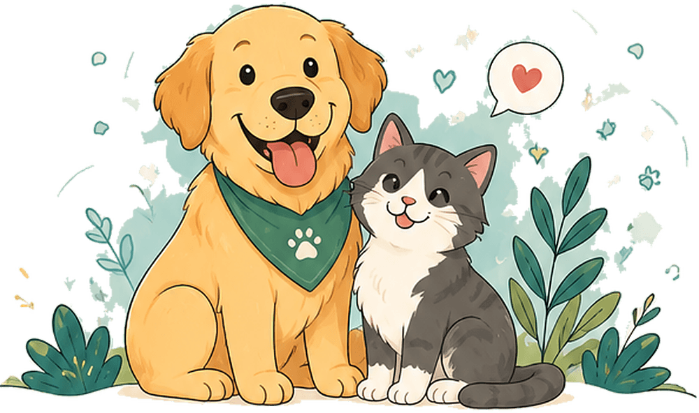 A golden retriever wearing a Paw & Haven bandana sitting beside a grey and white cat