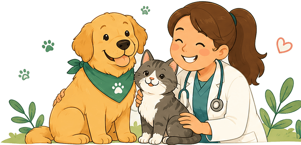 A Paw & Haven veterinarian smiling with a golden retriever and a grey cat